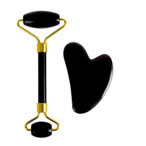 NEW GUA SHA ROLLER JADE SET IN BLACK